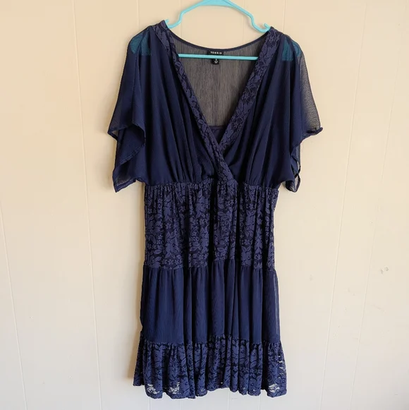 Torrid Navy Blue Lace Inset Chiffon Mini Dress - Picture 2 of 4